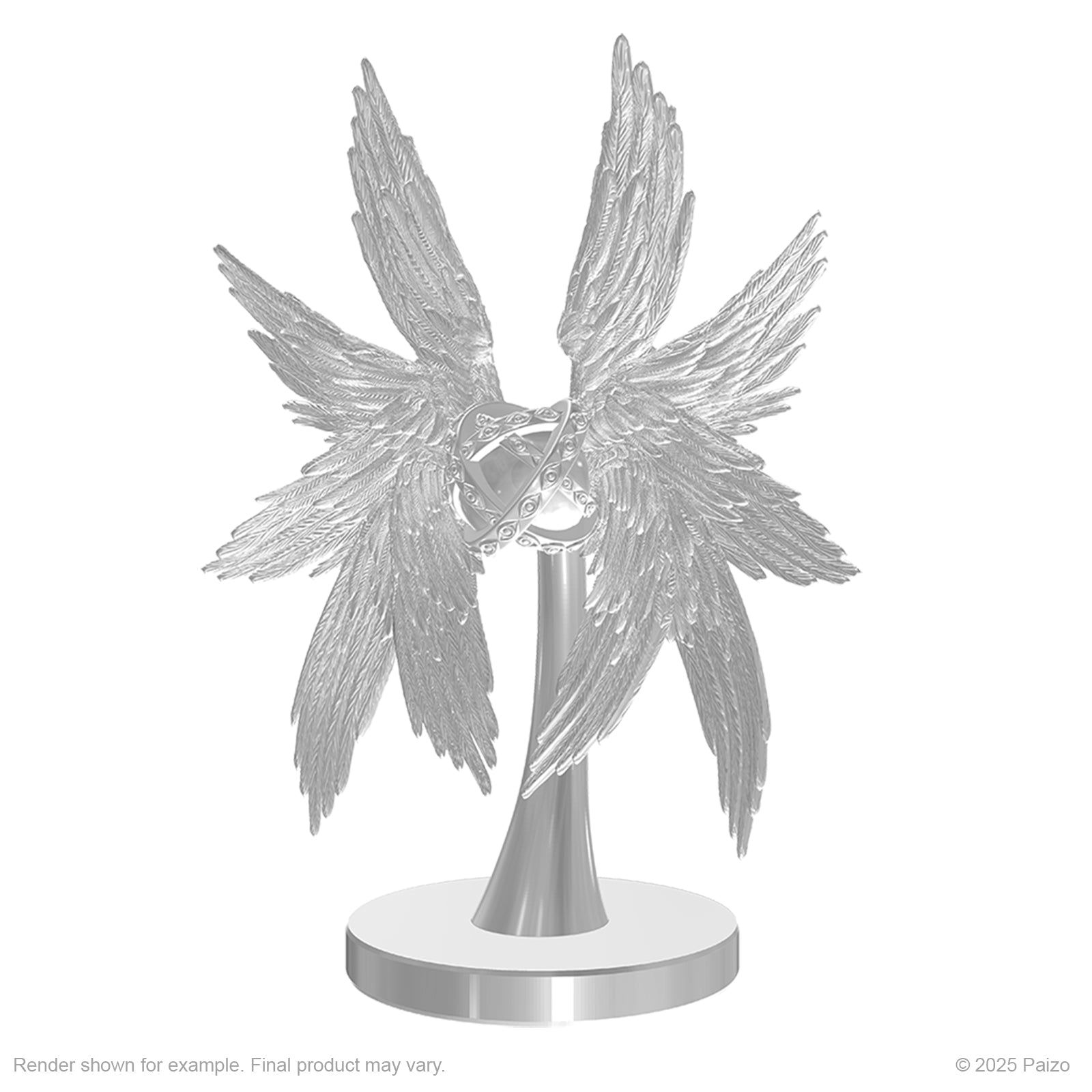 Pathfinder Battles Deep Cuts: Procyal (Raccoon Agathion) & Zoaem (Ring Archon) - Transparent miniature figurine with multiple elongated feathered wings radiating from a central point on a round base.