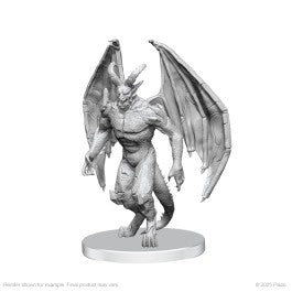 Pathfinder Battles Deep Cuts: Gargoyle & Shae - Gray plastic miniature of a muscular gargoyle with large outstretched wings and clawed feet on a round base.