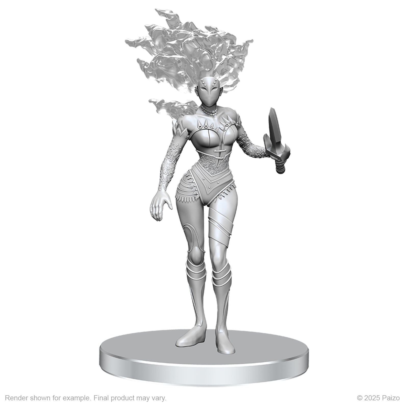 Pathfinder Battles Deep Cuts: Gargoyle & Shae - Gray resin miniature of a female gargoyle with flame-like hair holding a dagger, standing on a round base.