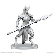 Pathfinder Battles Deep Cuts: Vordine (Infantry Devil) & Pitborn Rogue - Gray resin miniature of a horned devil warrior holding a long spear with detailed armor and clawed feet on round base.