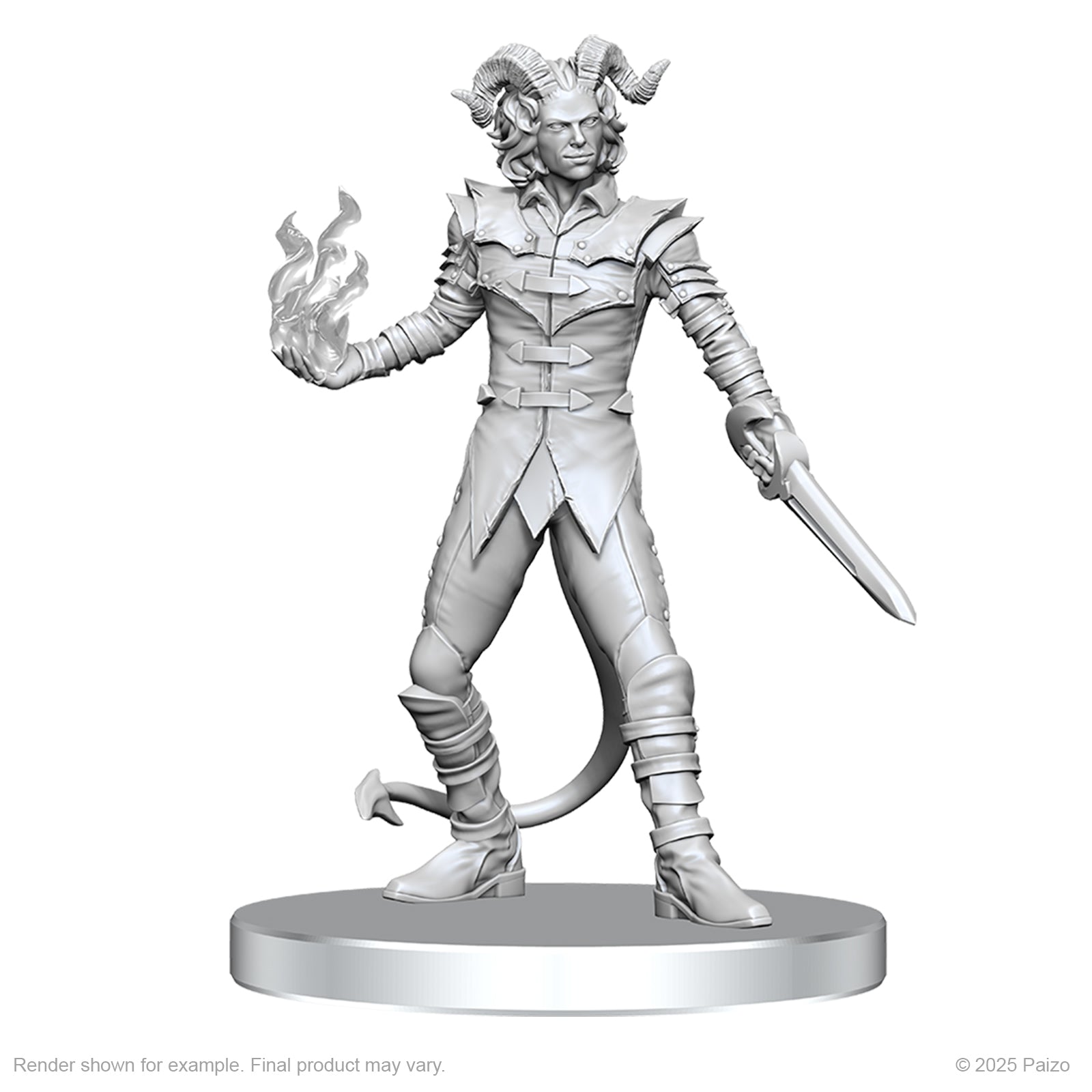 Pathfinder Battles Deep Cuts: Vordine (Infantry Devil) & Pitborn Rogue - Gray unpainted miniature of a horned humanoid devil with a fiery left hand and a sword in the right, wearing layered armor.