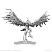 Pathfinder Battles Deep Cuts: Hurlilu (Bird-Fiend) - Gray unpainted miniature of a winged bird-fiend with outstretched wings and sharp talons on a round base.