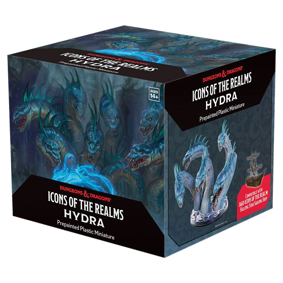D&D: Icons of the Realms: Hydra Boxed Miniature - Black and blue box featuring multi-headed hydra miniature artwork, D&D Icons of the Realms branding.