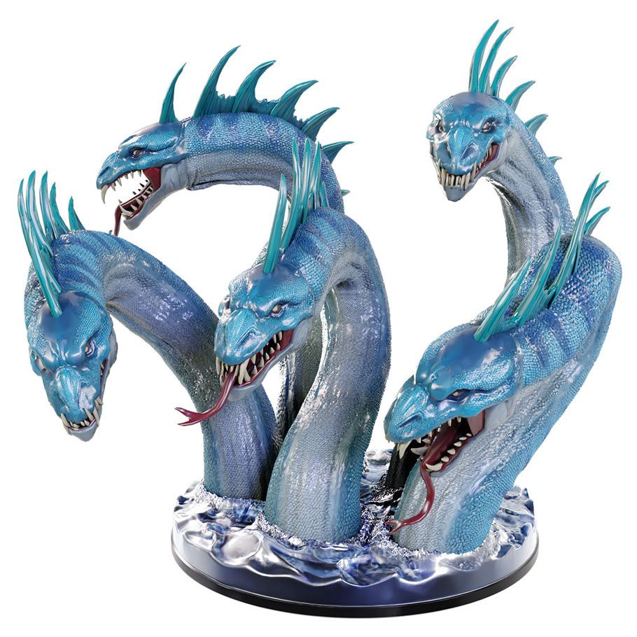 D&D: Icons of the Realms: Hydra Boxed Miniature - Blue multi-headed hydra miniature with detailed scales and sharp teeth on round base.