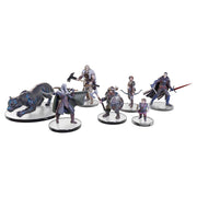 D&D Legend of Drizzt 35th Anniversary: Tabletop Companions - Seven detailed fantasy character miniatures including a dark panther and six warriors with weapons on round bases.