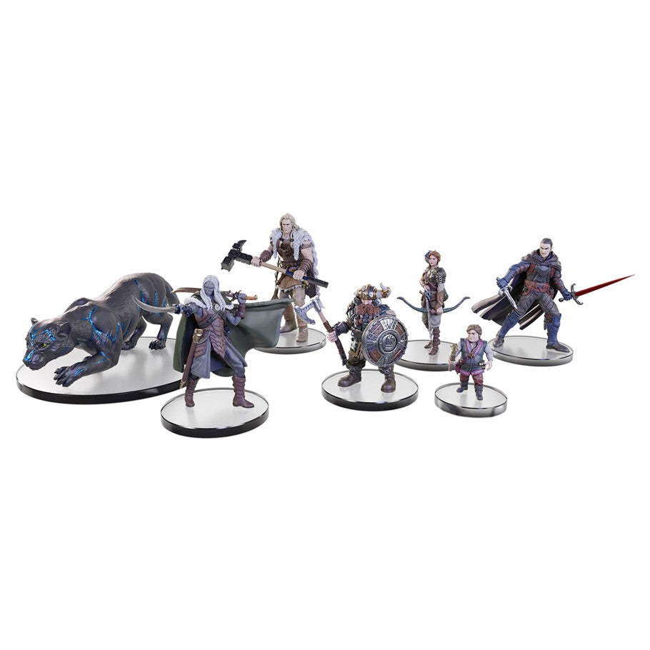 D&D Legend of Drizzt 35th Anniversary: Tabletop Companions - Seven detailed fantasy character miniatures including a dark panther and six warriors with weapons on round bases.