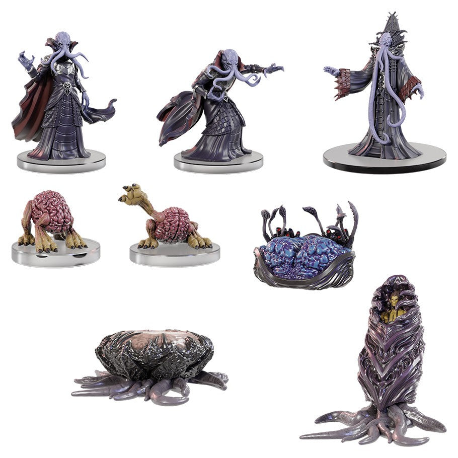 D&D Icons of the Realms Adventure Box - Mind Flayer Voyage - Set of eight detailed D&D miniatures featuring humanoid figures in dark robes and monstrous creatures with textured, alien.