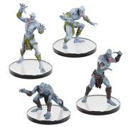 D&D: Icons of the Realms: Undead Armies: Ghouls & Ghasts - Set of four gray undead miniatures with exposed bones and tattered brown and green clothing on round black bases.