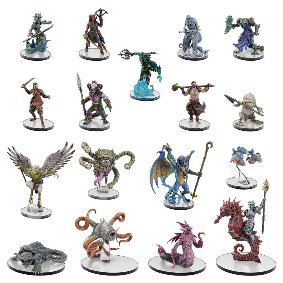 D&D Icons of the Realms: Seas & Shores Booster - Collection of 18 detailed D&D miniature figures featuring fantasy creatures and characters from seas and shores, on round.