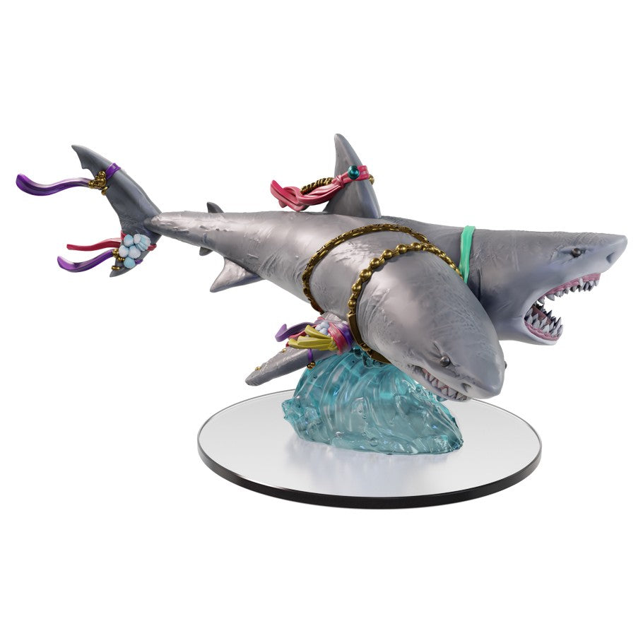 D&D Icons of the Realms: Seas and Shores: Maw of Sekolah - Gray shark figurine with open mouth sharp teeth and purple tentacles attached, mounted on blue water base.