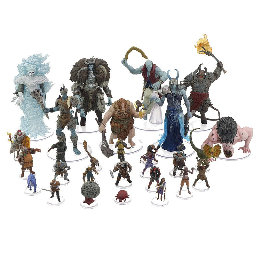 D&D Icons of the Realms: Bigby Presents: Glory of Giants Booster - Collection of multi-colored D&D miniature figures featuring giants, warriors, and fantasy creatures in various poses.