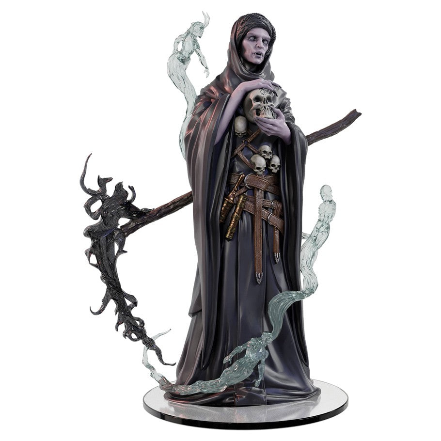 D&D Icons of the Realms - Glory of Giants - Death Giant Necromancer - Dark-cloaked necromancer figure holding a skull, surrounded by swirling ghostly spirits and dark twisted staff on round base.