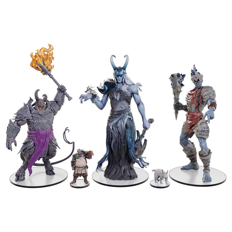 D&D Icons of the Realms: Bigby Presents: Glory of Giants Limited Edition Boxed Set - Set of five detailed D&D fantasy miniatures featuring a purple-skinned horned giant, a blue robed giant with a horned.