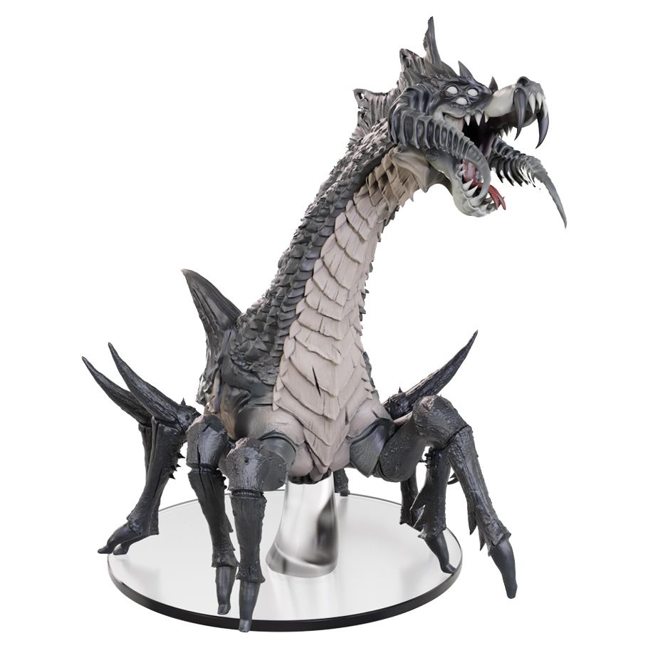D&D: Icons of the Realms: Spiderdragon Boxed Miniature - Detailed gray and beige spiderdragon miniature with six legs, spiked tail, and open mouth on round base.