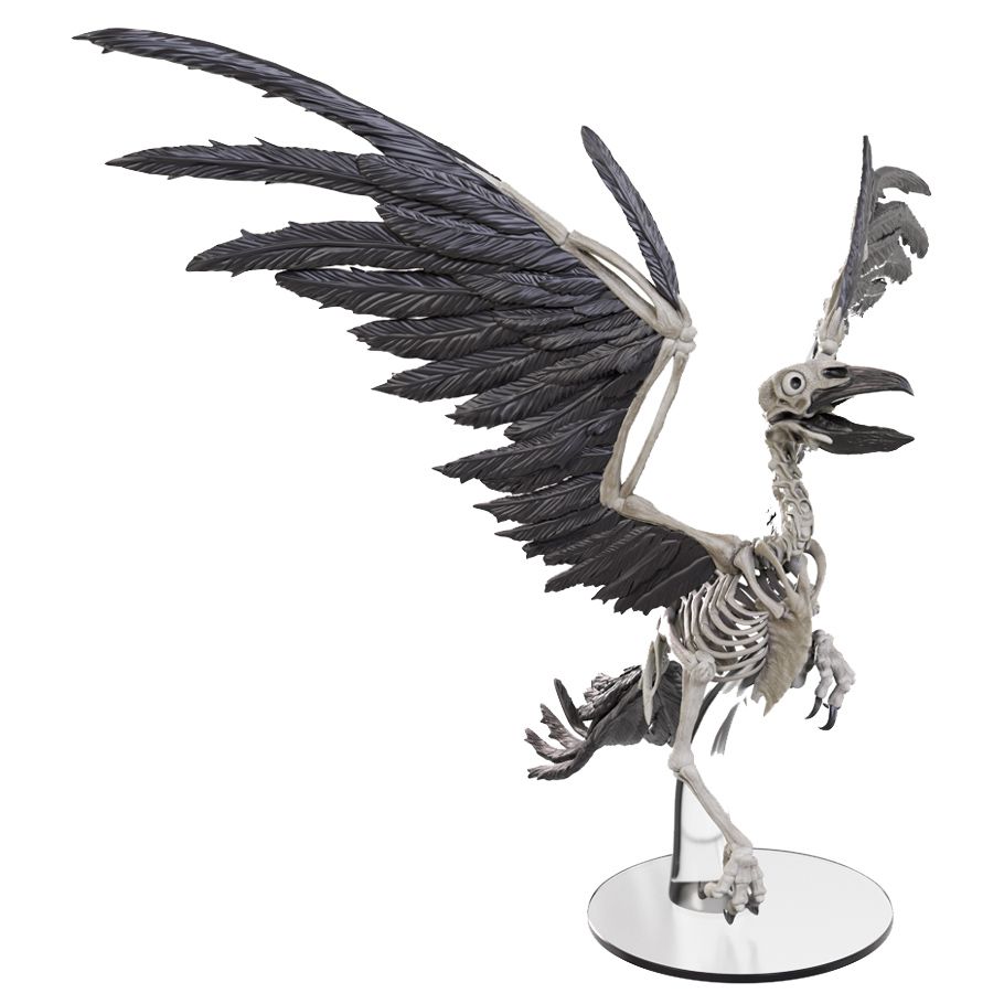 D&D: Icons of the Realms: Bone Roc Boxed Miniature - Detailed gray and black skeletal bird miniature with wide wings spread, perched on round base.