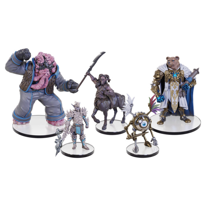 D&D Icons of the Realms: Planescape: Adventures in the Multiverse Limited Edition Boxed Set - Set of five detailed Dungeons & Dragons Planescape miniatures featuring diverse fantasy creatures in battle poses on round.