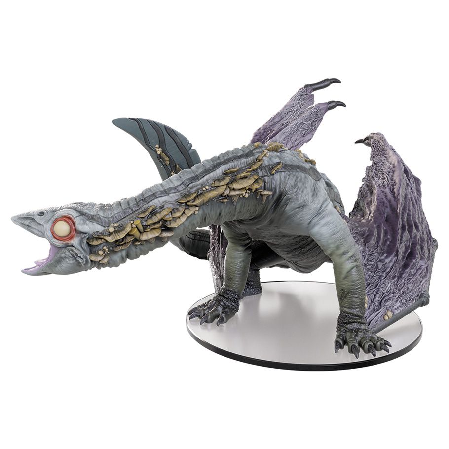 D&D: Icons of the Realms: Adult Deep Dragon - Gray and purple adult deep dragon figurine with detailed scales, red eyes, and outstretched wings on a round base.