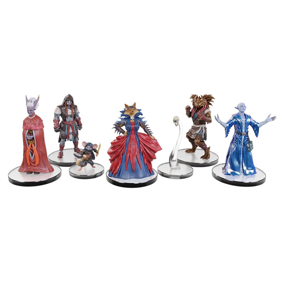 D&D: Icons of the Realms: Planescape: Adventures in the Multiverse: Character Miniatures Boxed Set - Set of five detailed fantasy character miniatures including armored female demon, cloaked rogue, crowned figure in red and.