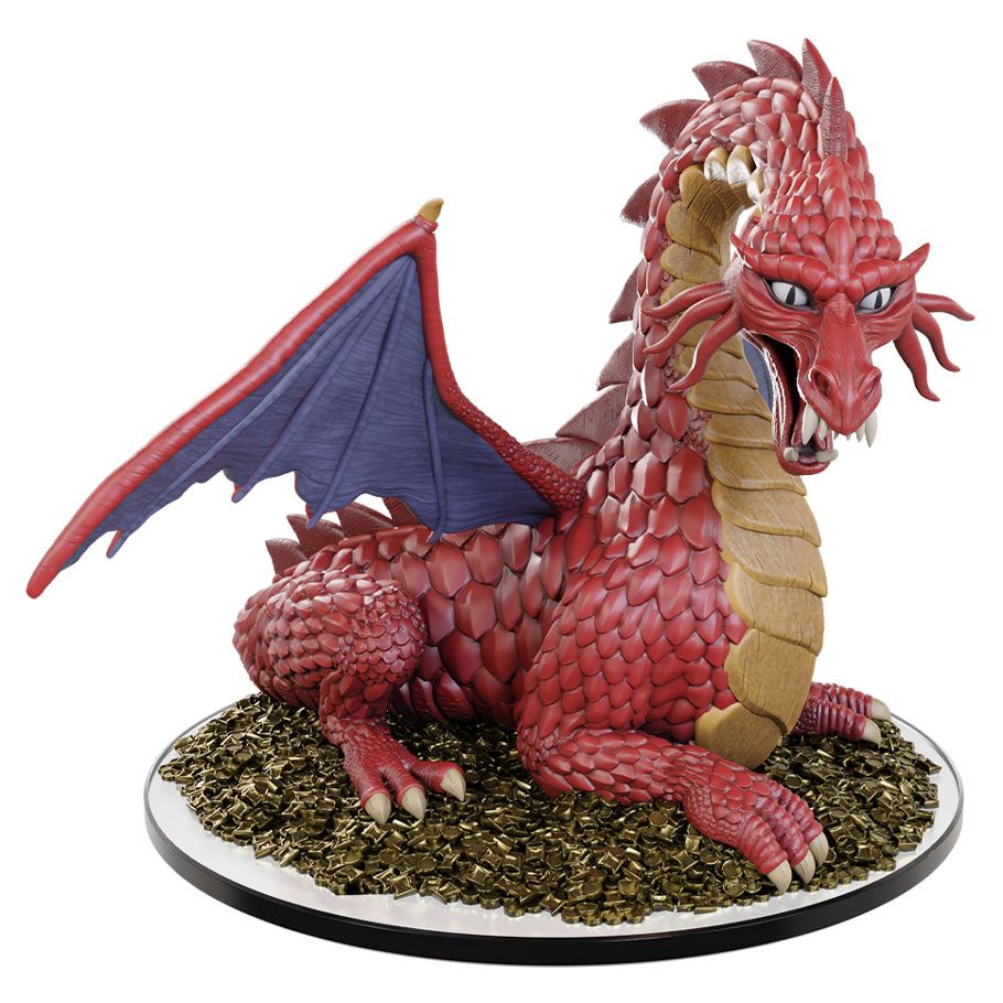 D&D: Icons of the Realms: 50th Anniversary: Classic Red Dragon Boxed Miniature Set 31 - Red dragon miniature with textured scales, blue inner wings, tan underbelly, posed on a round base with detailed ground.