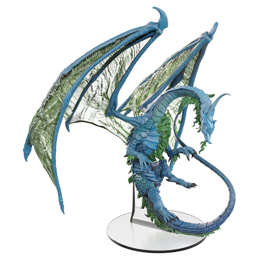 D&D: Icons of the Realms: Adult Moonstone Dragon - Blue and green adult moonstone dragon figurine with large textured wings on clear stand.