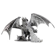 D&D: Icons of the Realms: Gargantuan Bahamut Boxed Miniature - Silver-gray dragon miniature with large wings and detailed scales, breathing textured icy blast from mouth.