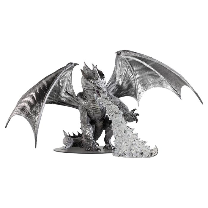 D&D: Icons of the Realms: Gargantuan Bahamut Boxed Miniature - Silver-gray dragon miniature with large wings and detailed scales, breathing textured icy blast from mouth.