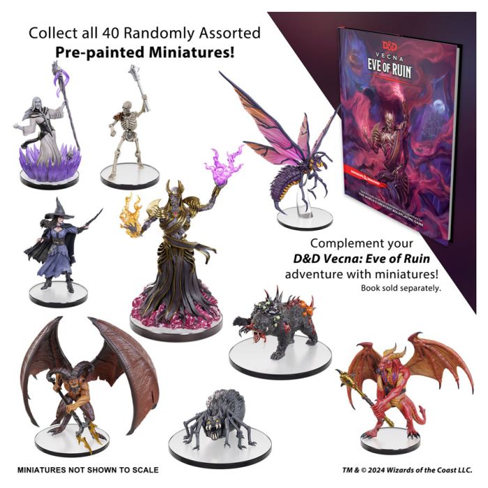 D&D Icons of the Realms: Vecna: Eve of Ruin Booster - D&D booster pack with dark fantasy artwork and five detailed miniatures showcasing warriors, monsters, and magical creatures