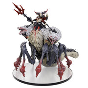 D&D: Icons of the Realms: Miska the Wolf Spider Boxed Miniature - Detailed miniature of a dark armored warrior riding a large spider with white fur and red-tipped legs on a round base.