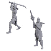 D&D Nolzur's Marvelous Miniatures: Special Edition Baldur's Gate 3: Lae'zel & Shadowheart - Two unpainted gray resin miniatures of armored fantasy warriors, one wielding a large curved sword overhead, the other.