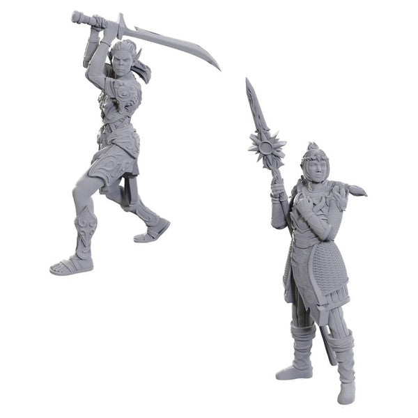 D&D Nolzur's Marvelous Miniatures: Special Edition Baldur's Gate 3: Lae'zel & Shadowheart - Two unpainted gray resin miniatures of armored fantasy warriors, one wielding a large curved sword overhead, the other.