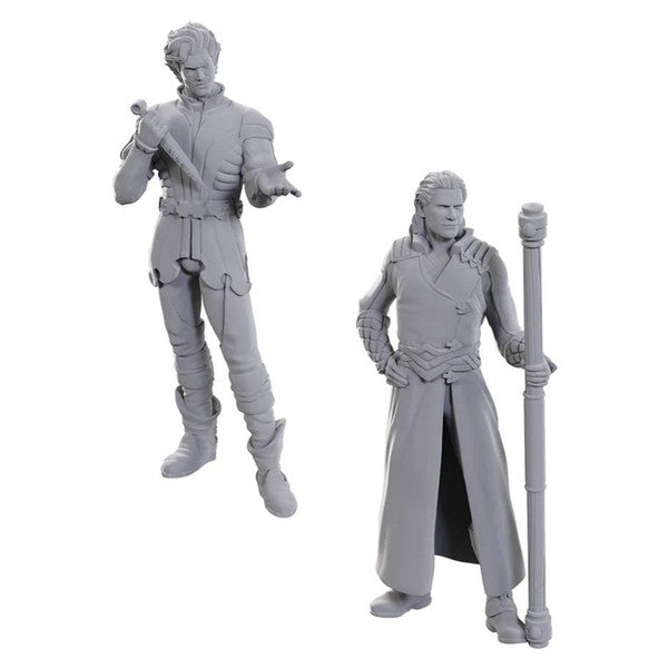 D&D Nolzur's Marvelous Miniatures: Special Edition Baldur's Gate 3: Gale & Astarion - Two unpainted gray resin miniatures depicting fantasy characters; one holds a dagger and wears fitted pants and boots, the.