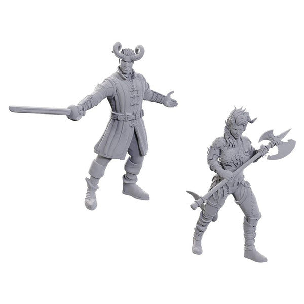 D&D Nolzur's Marvelous Miniatures: Special Edition Baldur's Gate 3: Wyll & Karlach - Two unpainted gray plastic Dungeons & Dragons miniatures, one with horns and sword, the other wielding a double-bladed axe.