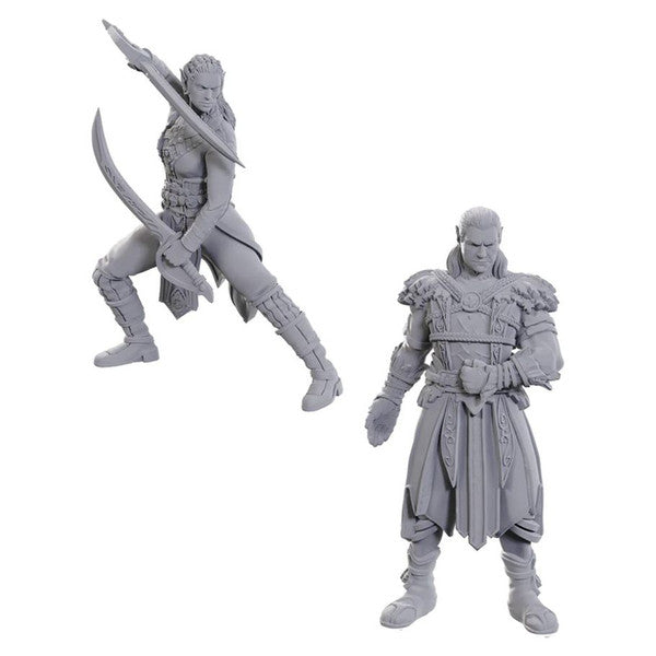 D&D Nolzur's Marvelous Miniatures: Special Edition Baldur's Gate 3: Jaheira & Halsin - Gray unpainted plastic miniatures of a female archer aiming a bow and a heavily armored male warrior with fur and layered.