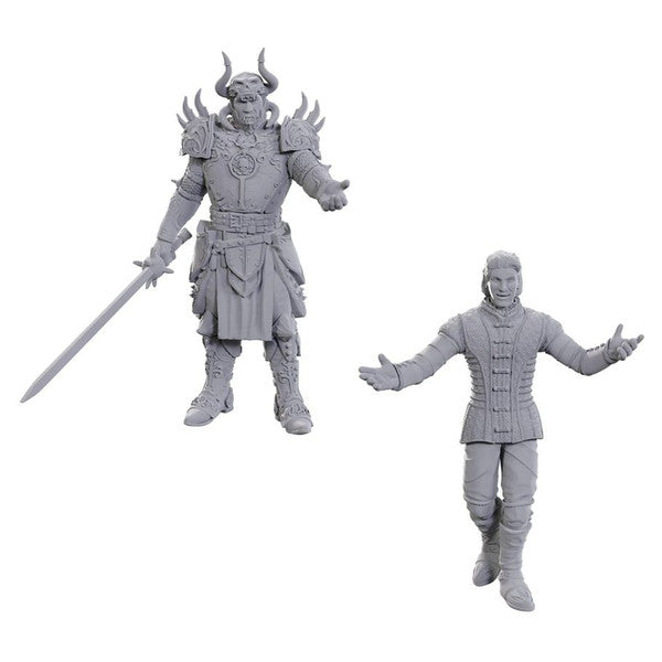 D&D Nolzur's Marvelous Miniatures: Special Edition Baldur's Gate 3: Sarevok Anchev & Raphael - Two unpainted gray plastic miniatures, one armored warrior with horned helmet and sword, one robed figure with outstretched.