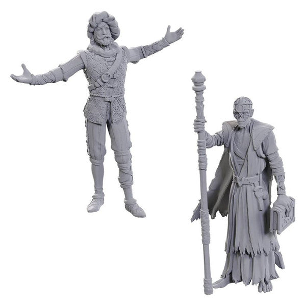 D&D Nolzur's Marvelous Miniatures: Special Edition Baldur's Gate 3: Volo & Withers - One standing with arms wide open wearing layered armor and detailed clothing, the other holding a tall staff and carrying a.