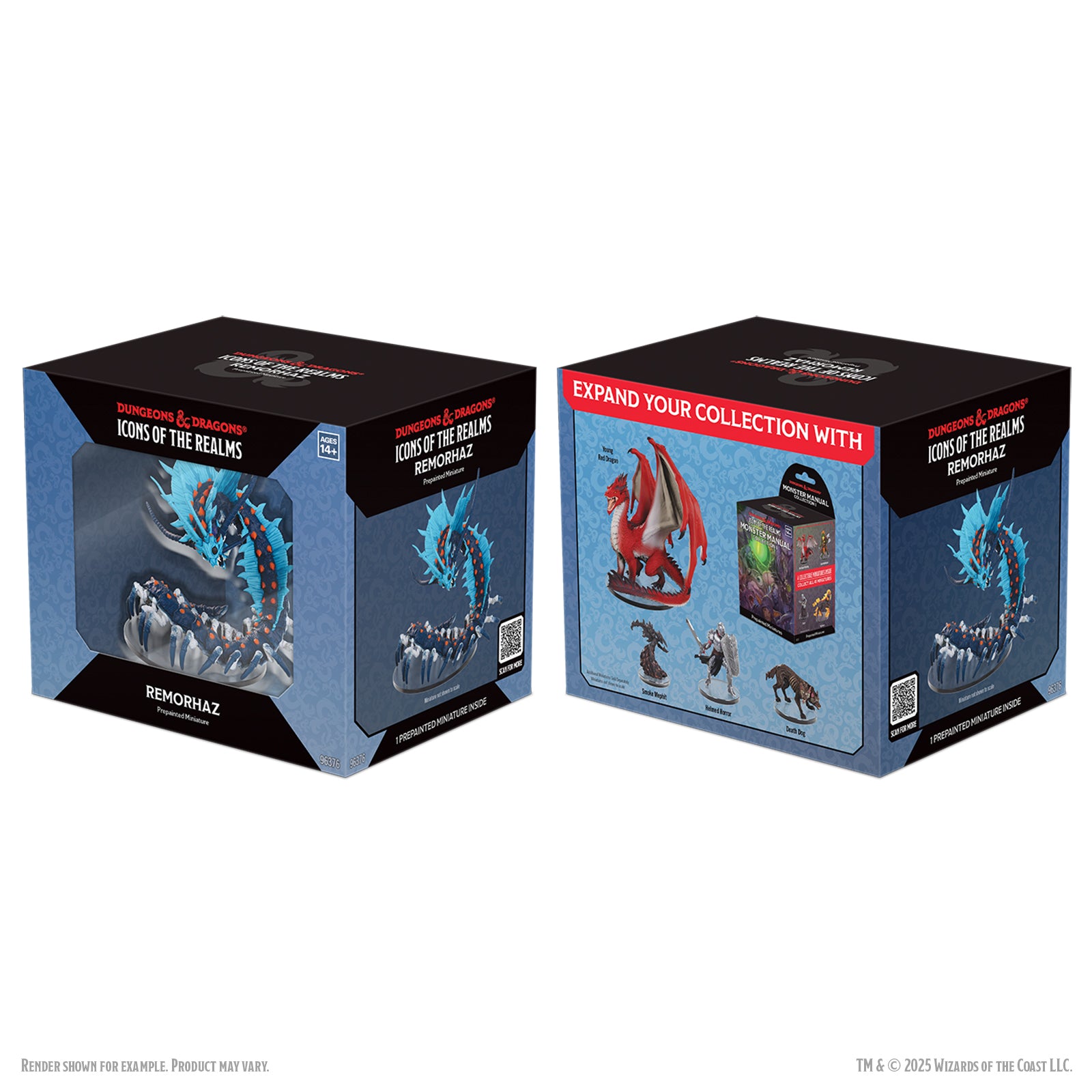 D&D Icons of the Realms: Remorhaz- Boxed Miniature - Boxed miniature of a Remorhaz creature in blue and white with sharp claws and teeth, displayed on black and blue packaging.