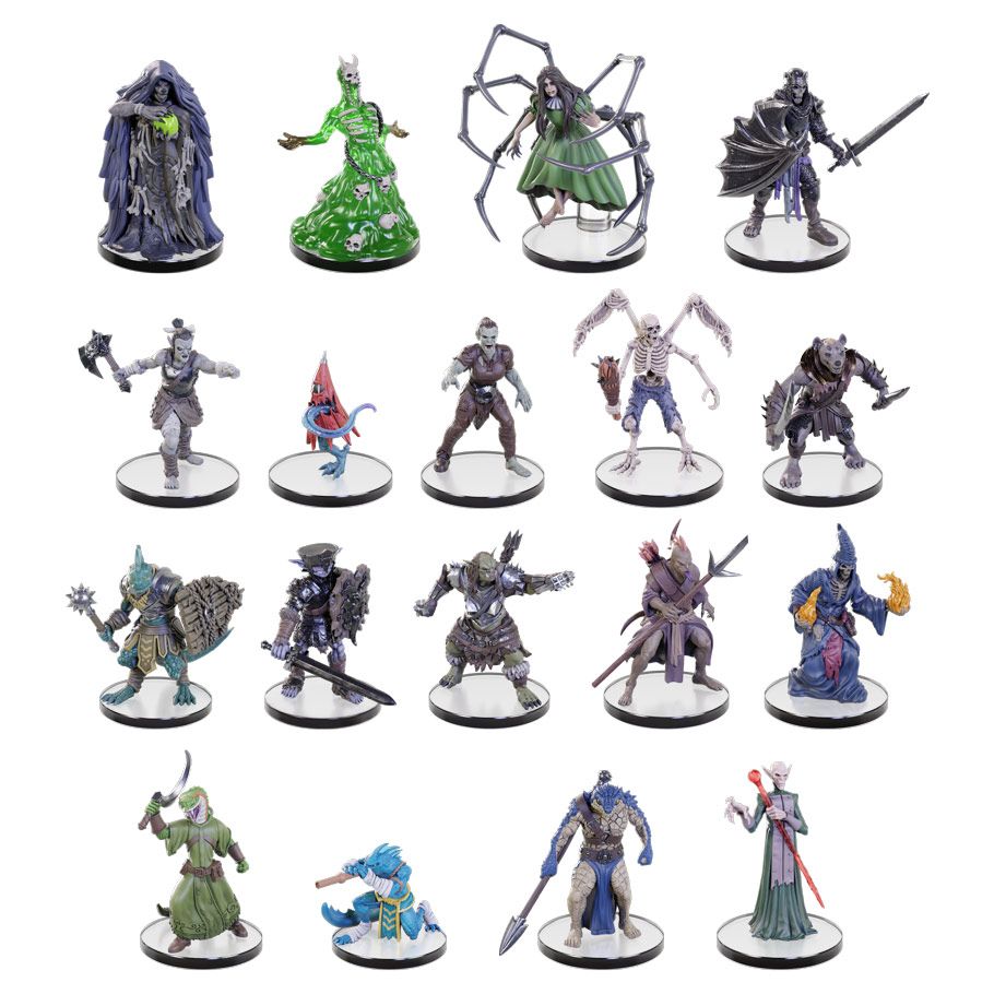 Pathfinder Battles: Fearsome Forces Mini Blind Box - Set of 18 detailed Pathfinder miniature figures in varied fantasy poses and colors on round bases.