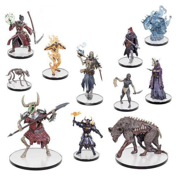 Pathfinder Battles Miniatures: Armies of the Dead Booster (PREORDER) - Twelve detailed miniature fantasy figures in various poses, featuring undead warriors, specters, and armored creatures,.