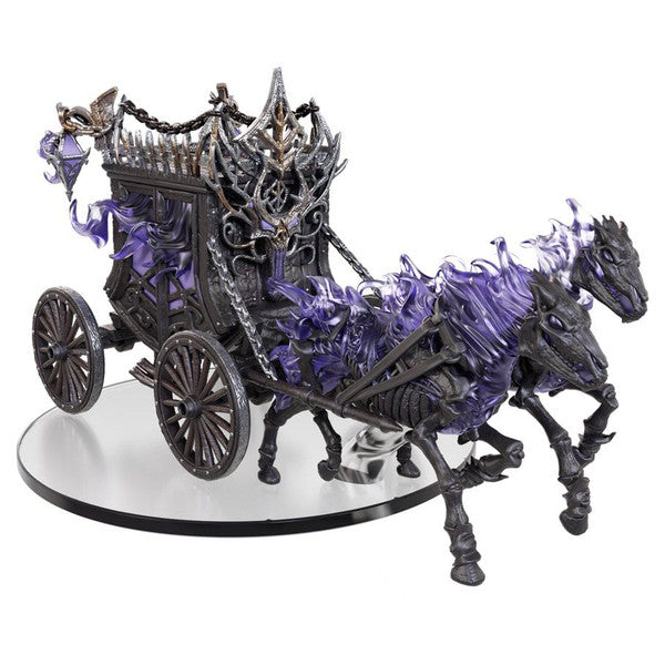 Pathfinder Battles Miniatures: Death Coach Boxed Miniature (PREORDER) - Black ornate death coach miniature with translucent purple ghostly figures and horses on round base.