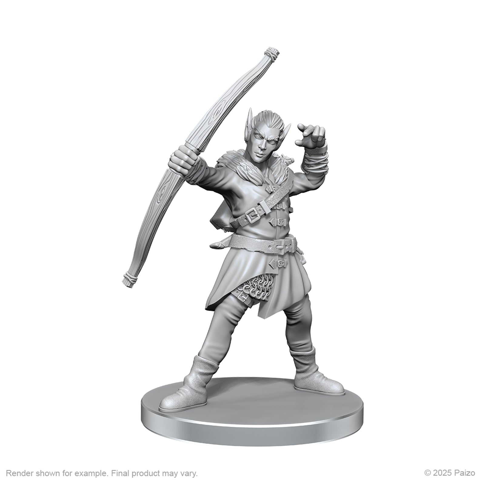 Pathfinder Battles Deep Cuts: Elf Hunter & Catfolk Bandit - Gray plastic miniature of an elf hunter posed drawing a longbow, wearing layered armor and a tunic with boots on a round.
