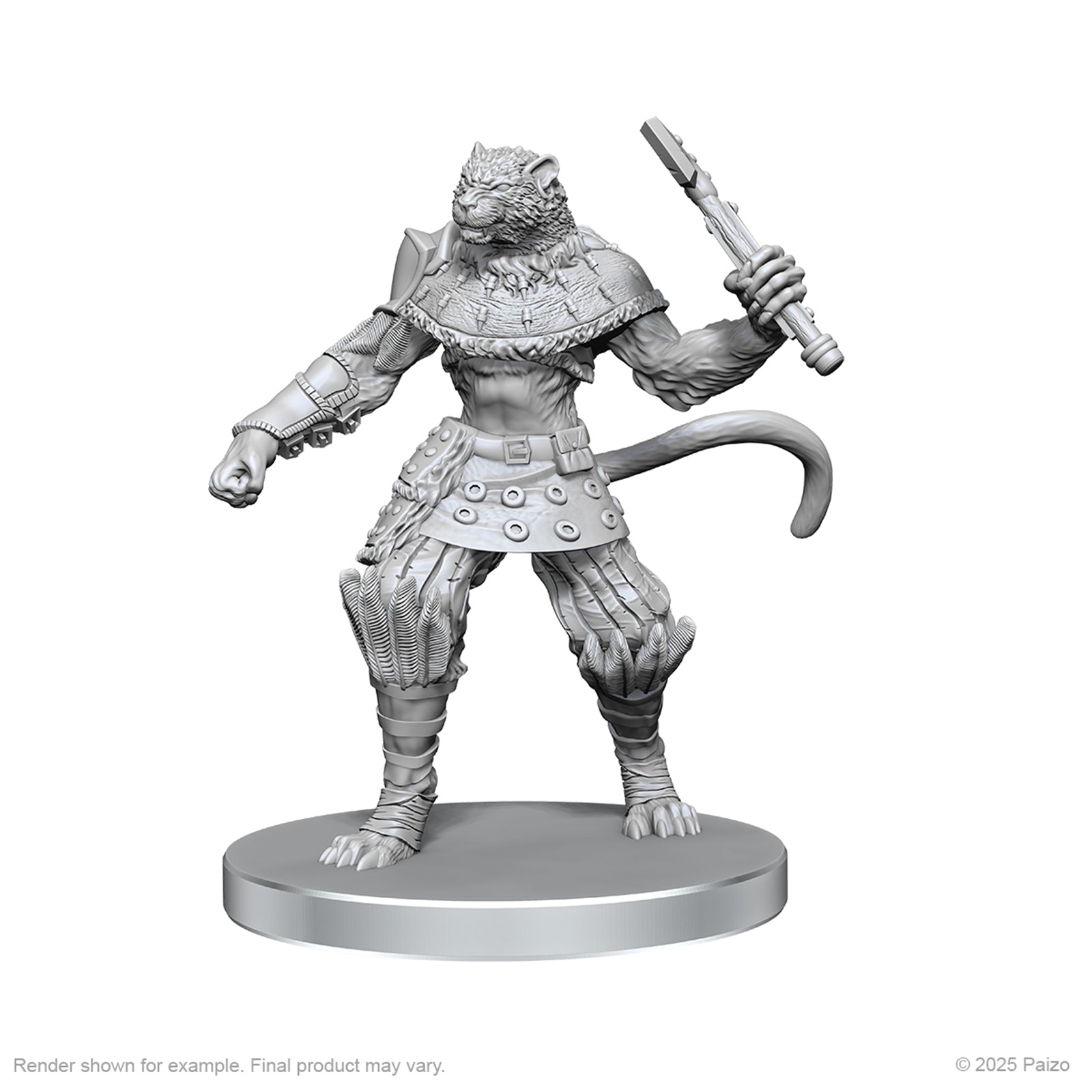 Pathfinder Battles Deep Cuts: Elf Hunter & Catfolk Bandit - Gray unpainted catfolk miniature wielding a dagger, wearing detailed armor with layered scale-like textures.