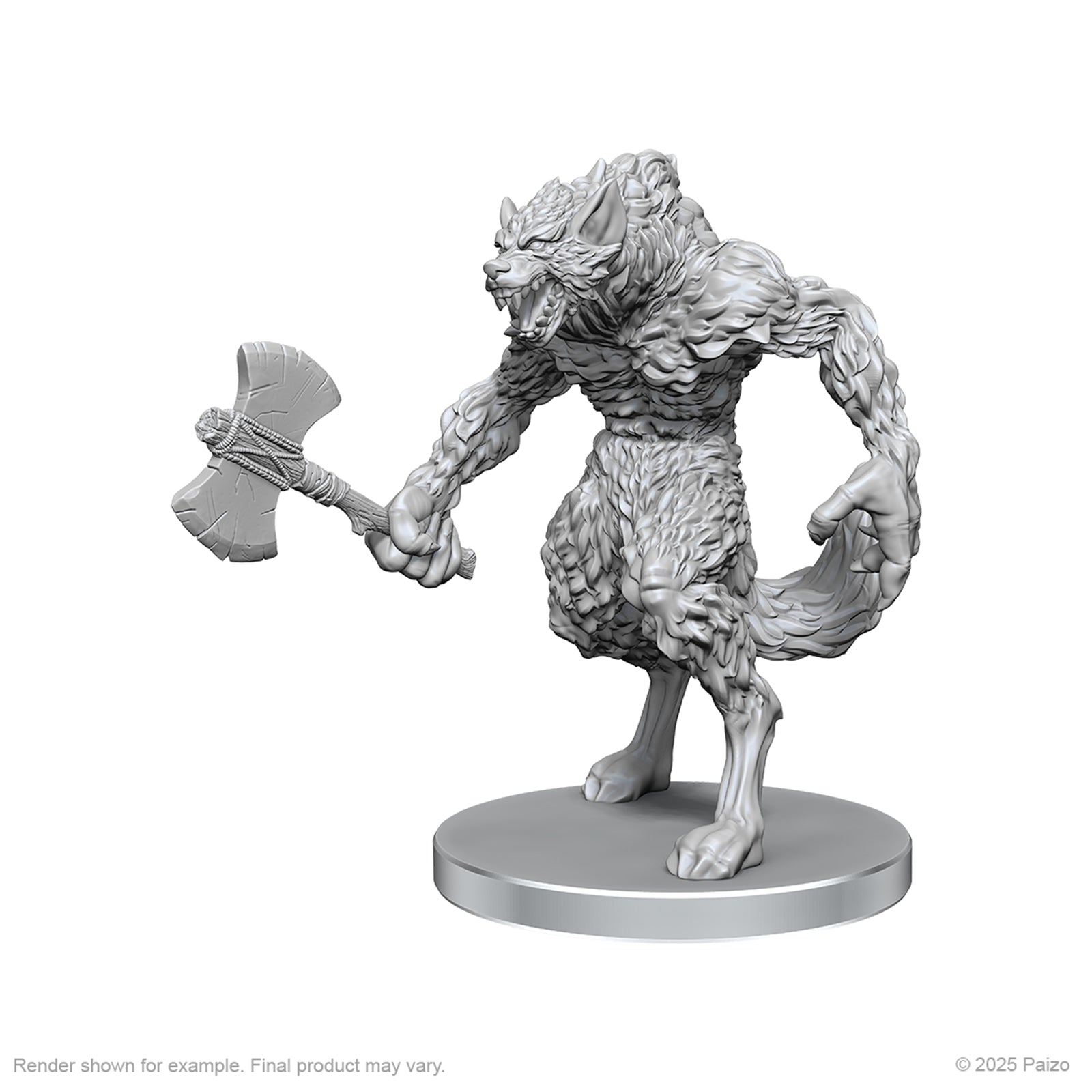 Pathfinder Battles Deep Cuts: Werewolf & Wereboar - Gray plastic miniature of a muscular werewolf holding a large double-headed axe, standing on a round base.