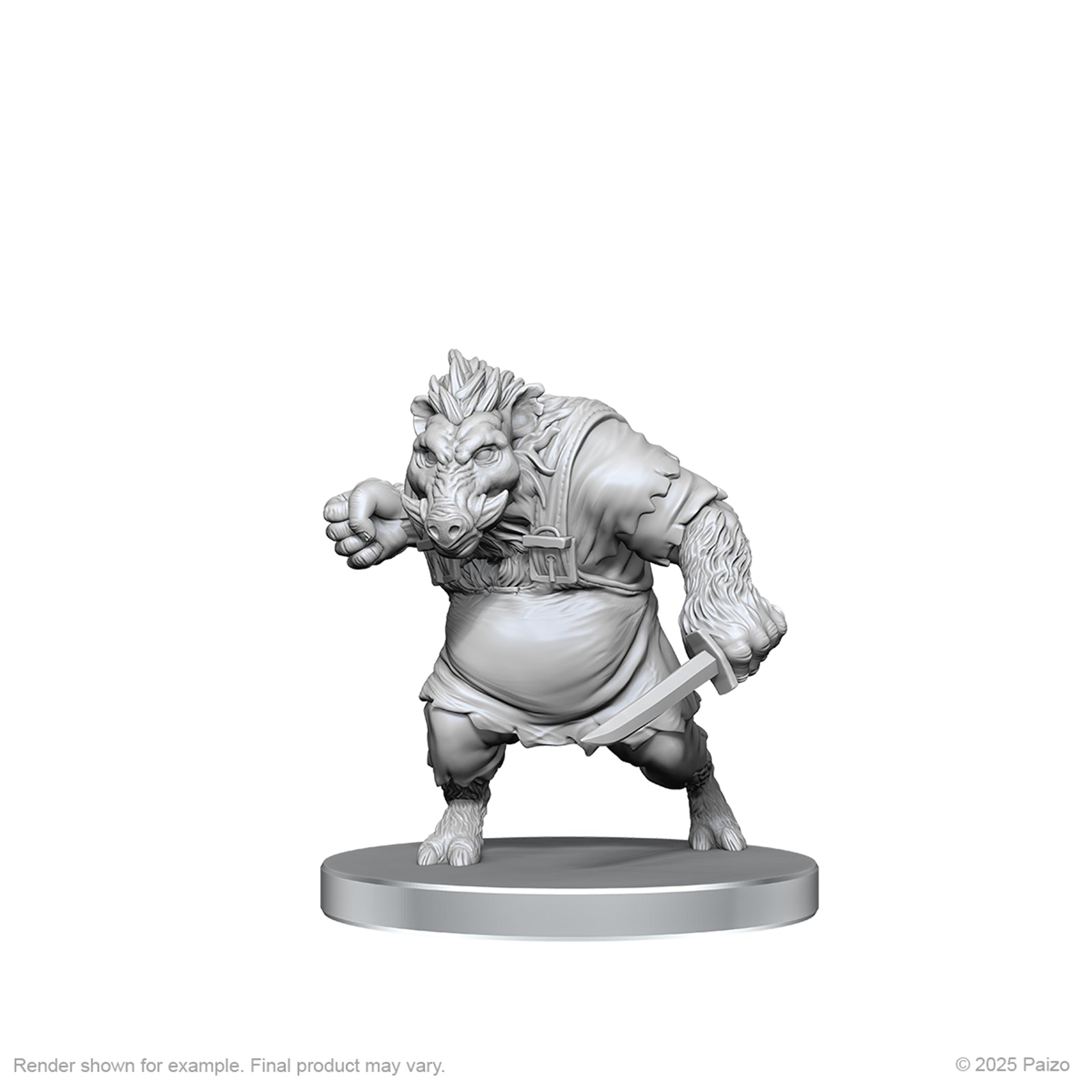Pathfinder Battles Deep Cuts: Werewolf & Wereboar - Gray unpainted miniature of a muscular wereboar standing on an oval base with clenched fists and detailed fur and armor.