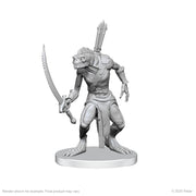 Pathfinder Battles Deep Cuts: Xulgath Skirmisher & Stoneliege - Gray plastic miniature of a reptilian humanoid warrior holding a curved sword and wearing simple armor and cloth on a round.