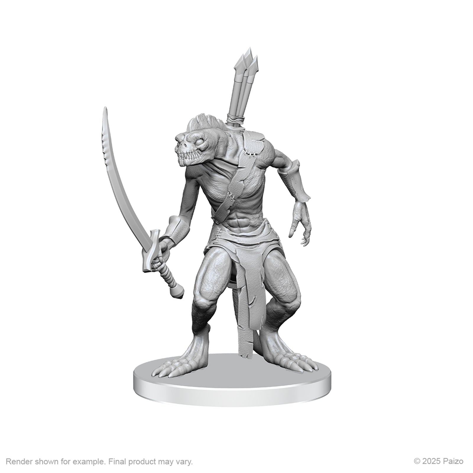 Pathfinder Battles Deep Cuts: Xulgath Skirmisher & Stoneliege - Gray plastic miniature of a reptilian humanoid warrior holding a curved sword and wearing simple armor and cloth on a round.