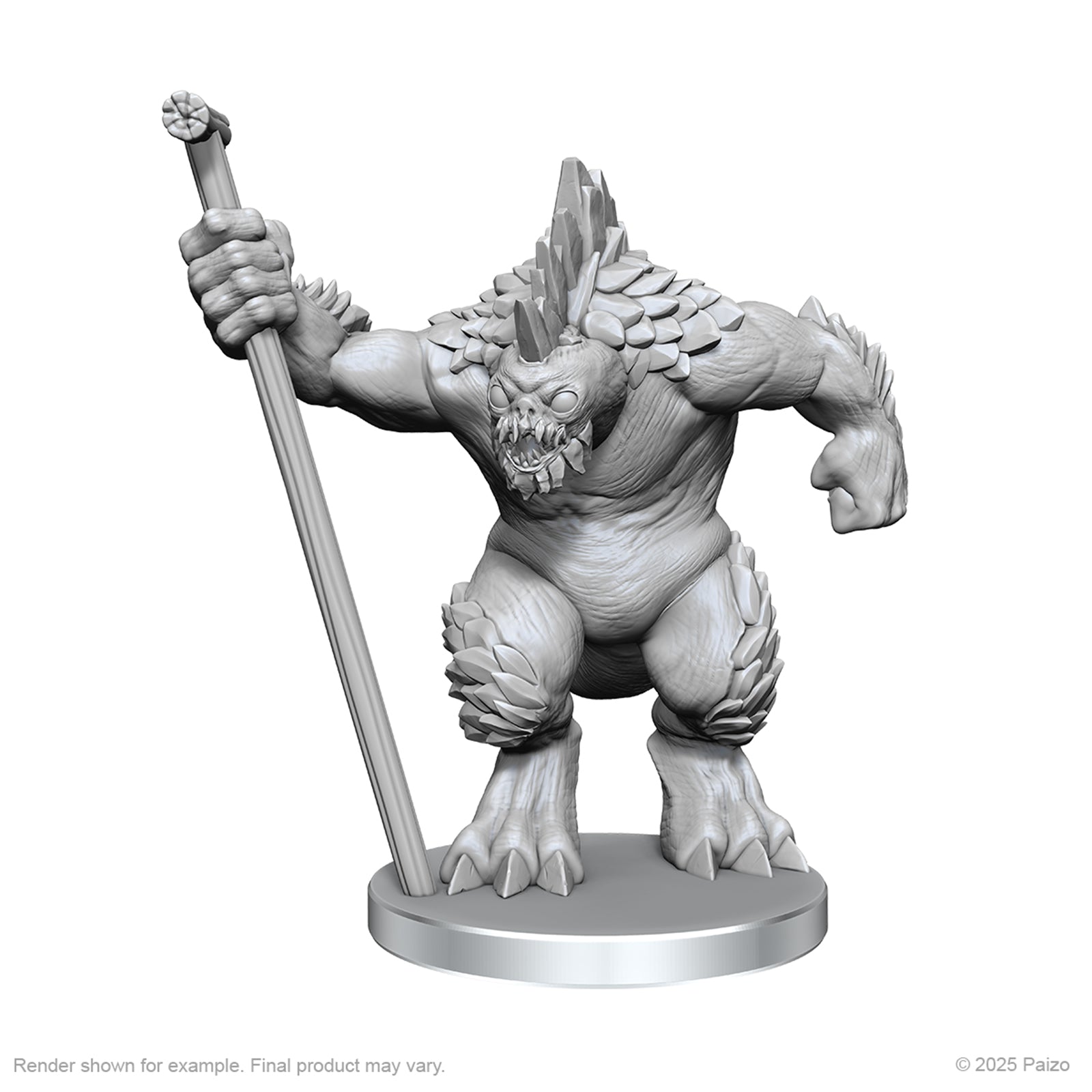 Pathfinder Battles Deep Cuts: Xulgath Skirmisher & Stoneliege - Gray plastic miniature of a muscular reptilian creature with scales holding a long staff, standing on a round base.
