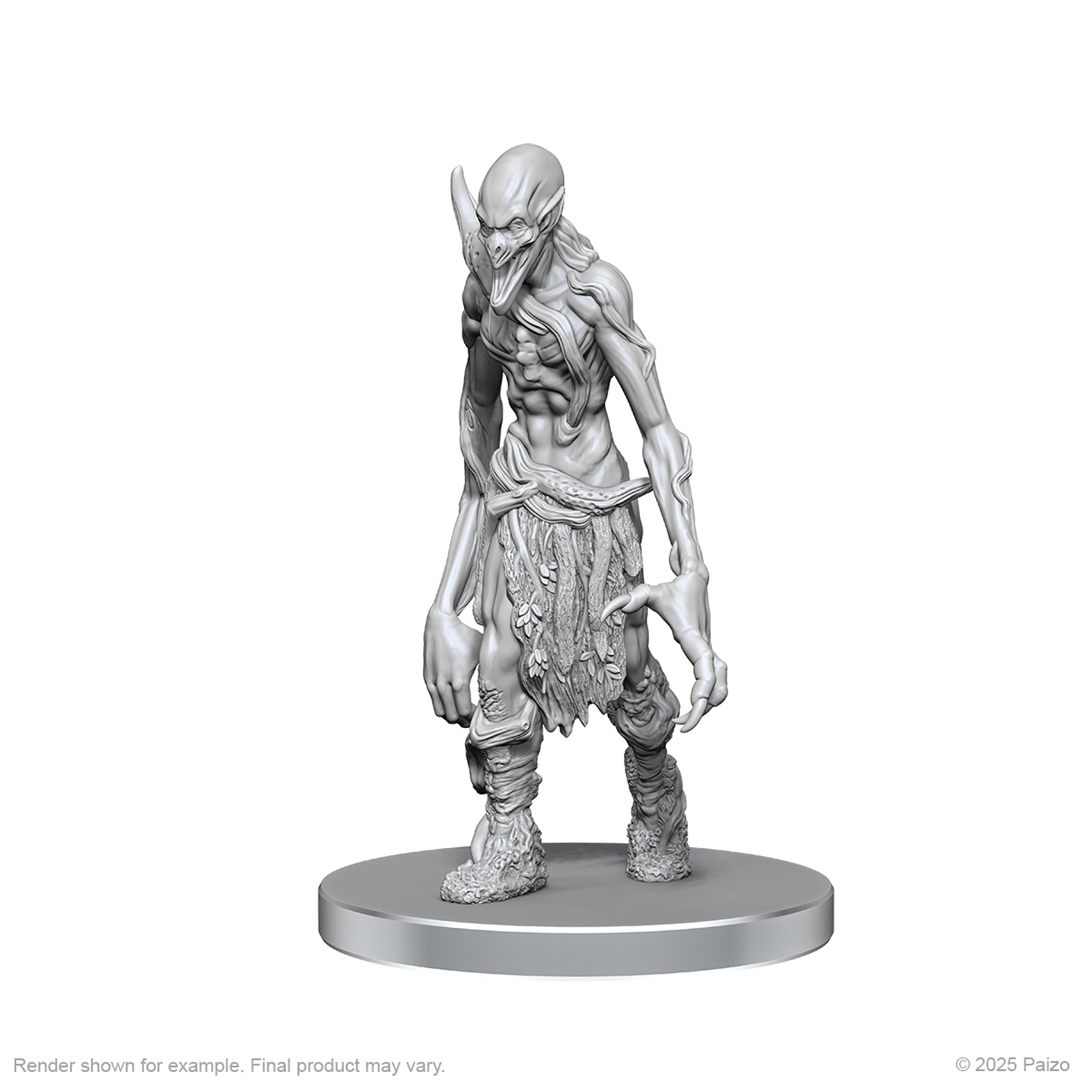 Pathfinder Battles Deep Cuts: Myceloid & Grimstalker - Gray plastic miniature of a tall, slender humanoid creature with elongated arms, a textured mossy skirt, and detailed.