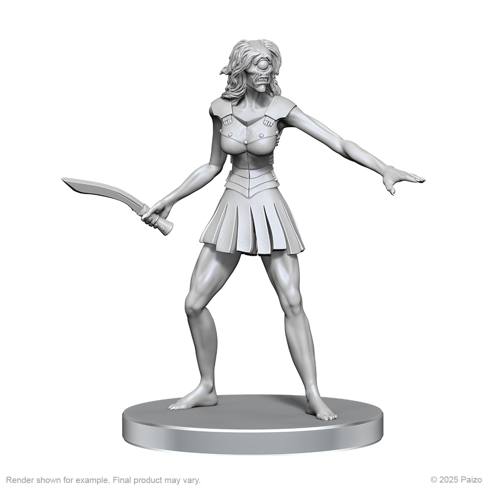 Pathfinder Battles Deep Cuts: Mudwretch & Buso - Gray plastic miniature of a female warrior with a short skirt and holding a curved sword, standing on a round base.