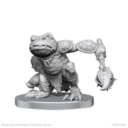 Pathfinder Battles Deep Cuts: Boggard Scout & Castoroides (PREORDER) - Unpainted gray resin miniature of a frog-like humanoid warrior wielding a spiked mace, crouched on a round base.
