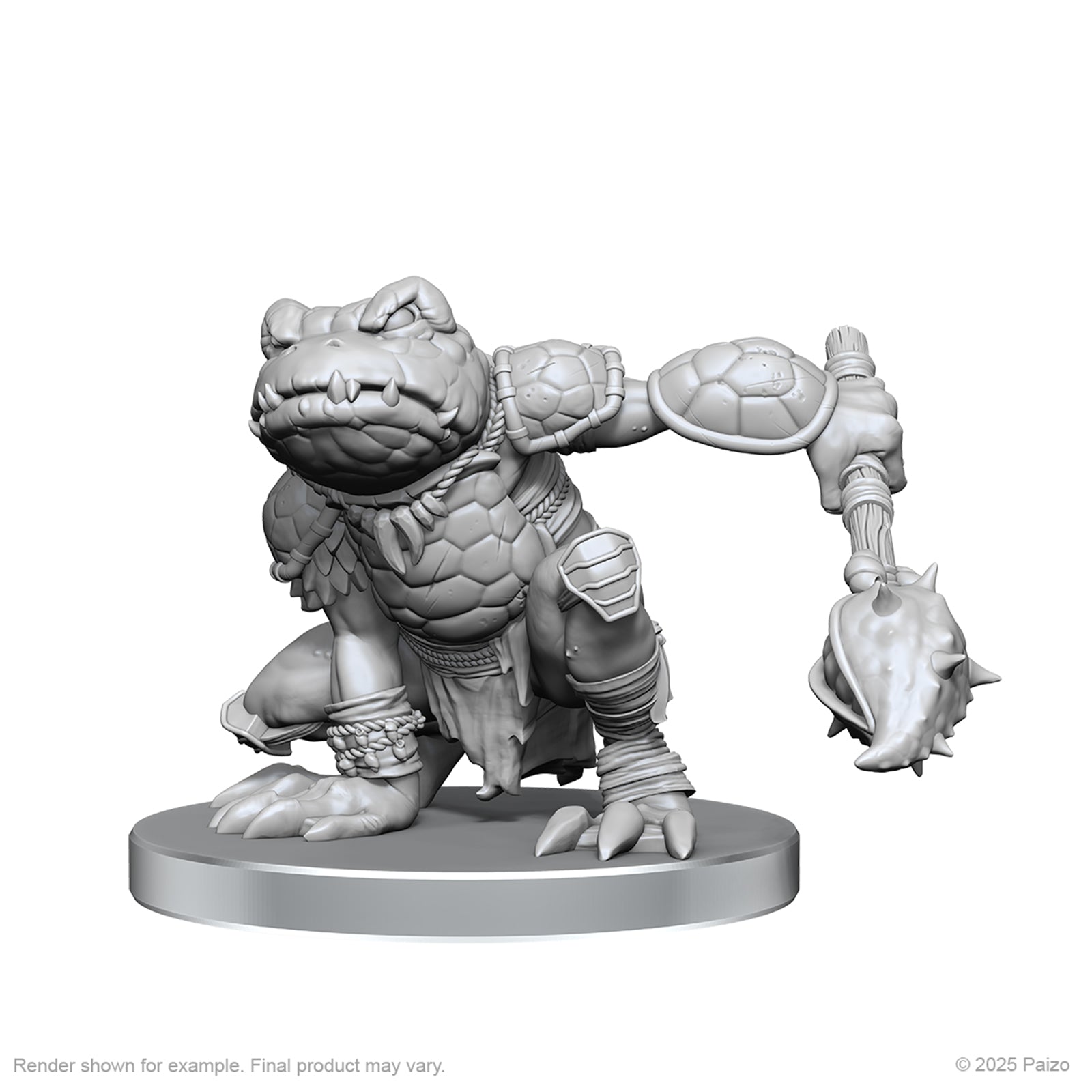 Pathfinder Battles Deep Cuts: Boggard Scout & Castoroides (PREORDER) - Unpainted gray resin miniature of a frog-like humanoid warrior wielding a spiked mace, crouched on a round base.